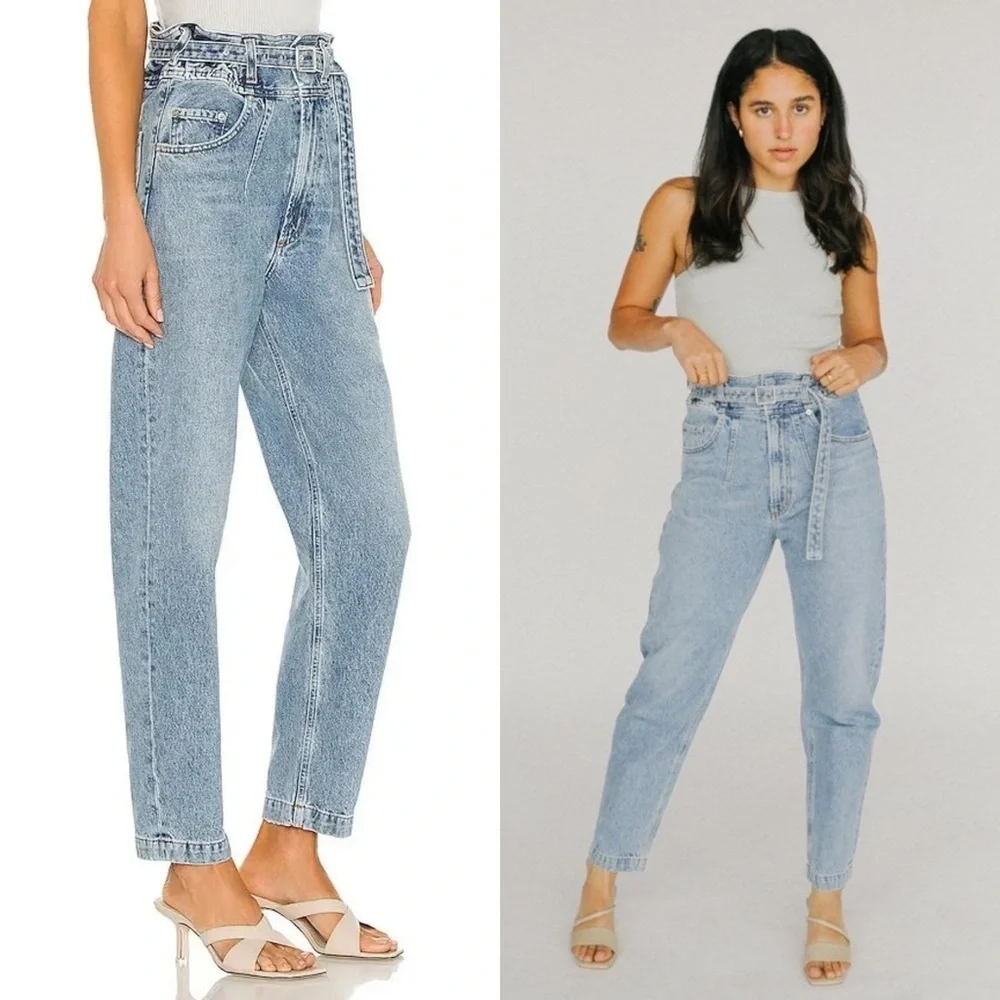 AGOLDE 90s High Rise Belted Paperbag Waist Organic Cotton Denim Tapered Jeans 28